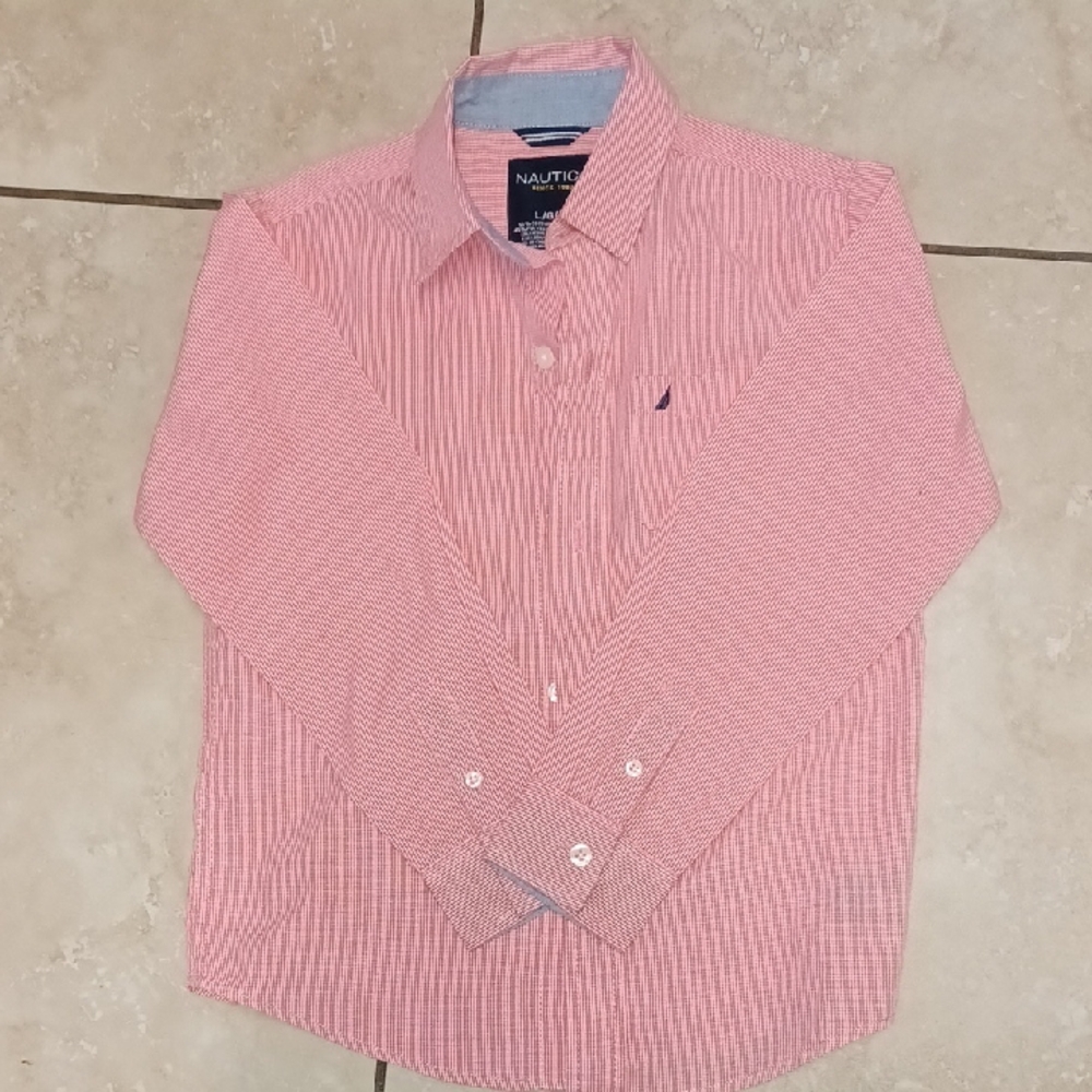 Nautica Boys Coral And White Tiny-checkered Buttondown Shirt, Size L (7)